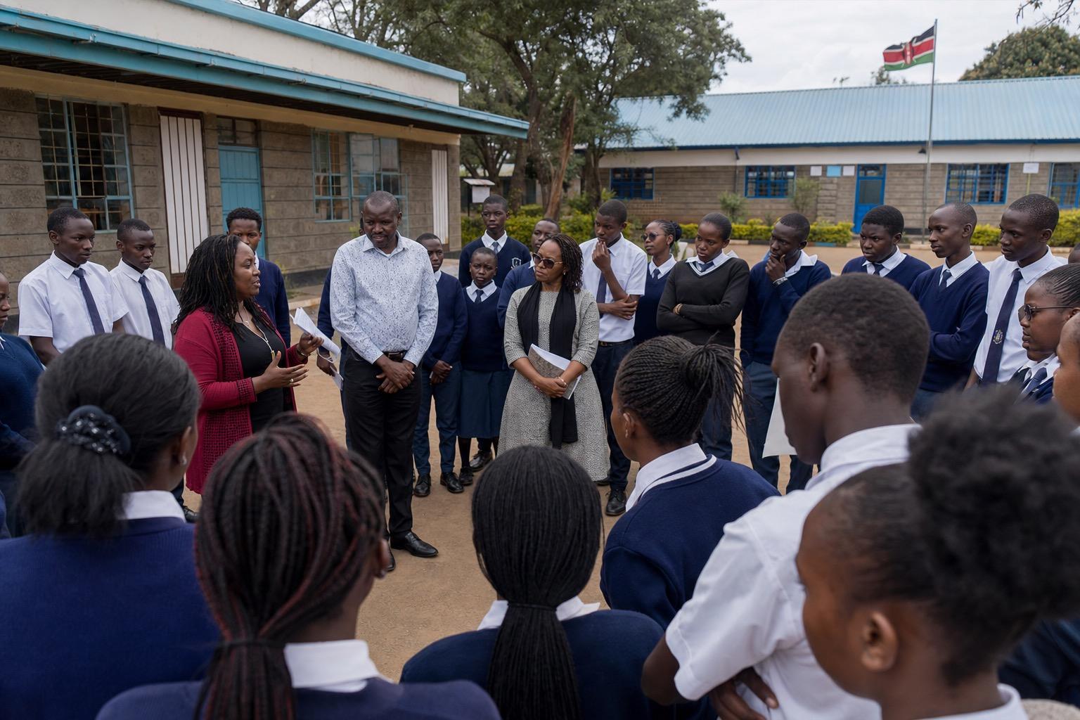 Kenyan youth gathered discussing futures in a courtyard