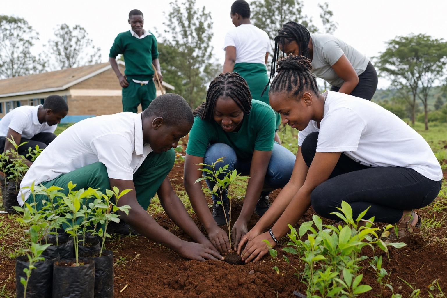Young people planting seedlings together in Kenya