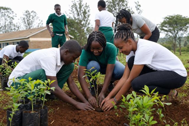 Kenyan youth planting tree seedlings in red soil