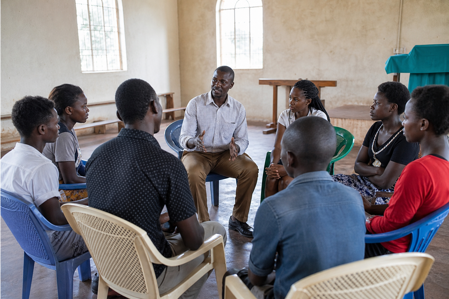 Youth and facilitator in a calm awareness circle in a community hall