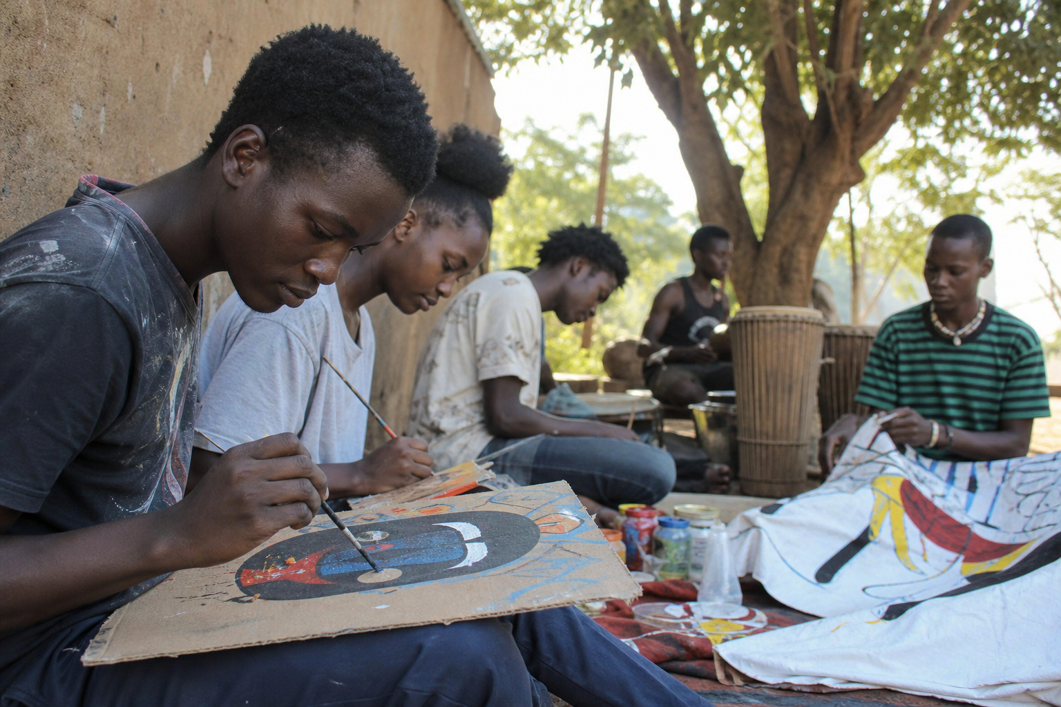 Kenyan teenagers in an outdoor arts workshop painting together