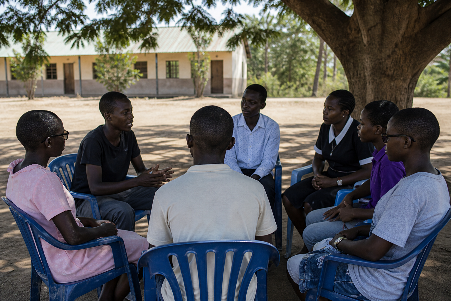 Kenyan teenagers in a peer circle under a tree in a school yard