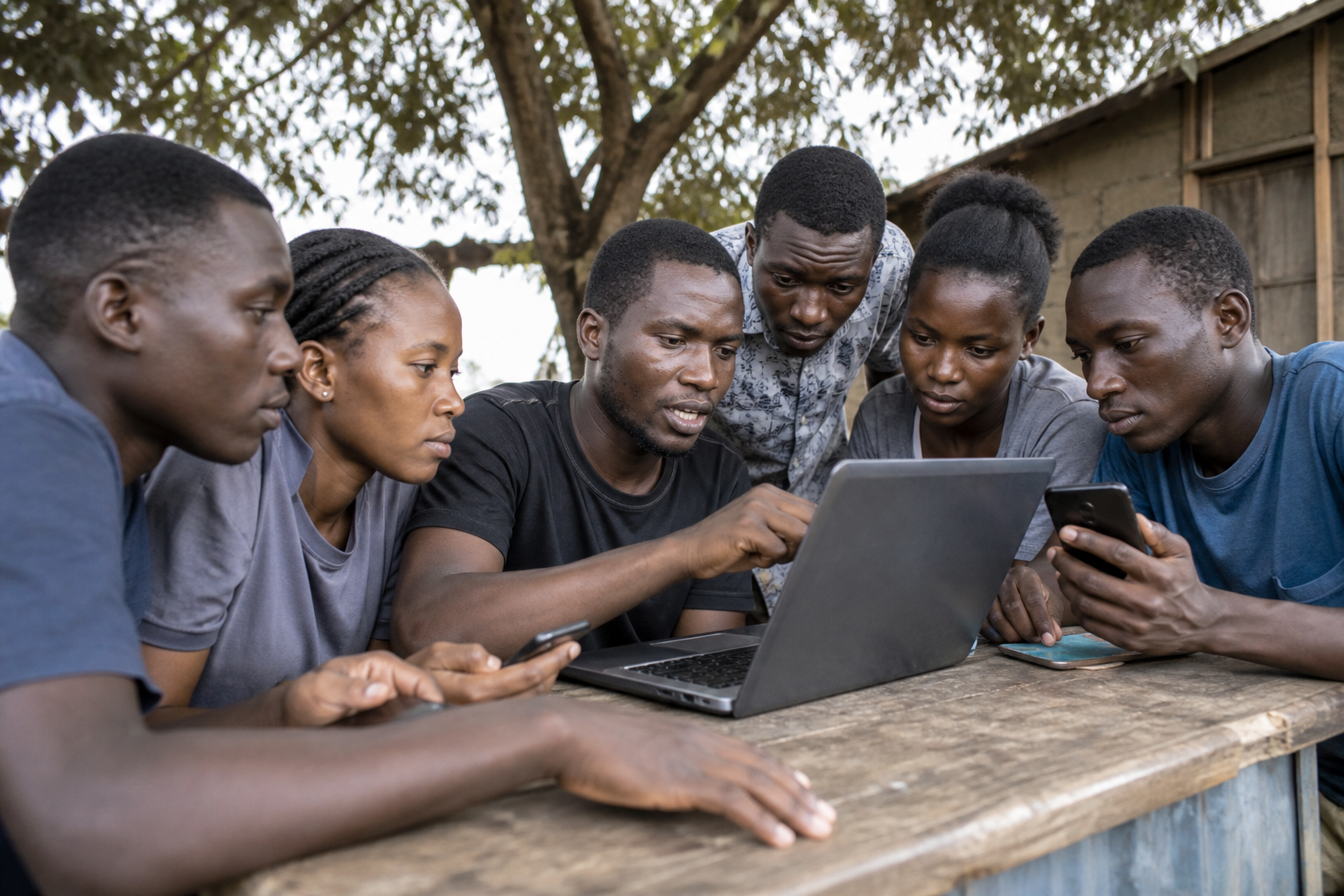 Youth learning digital skills together on shared devices outdoors