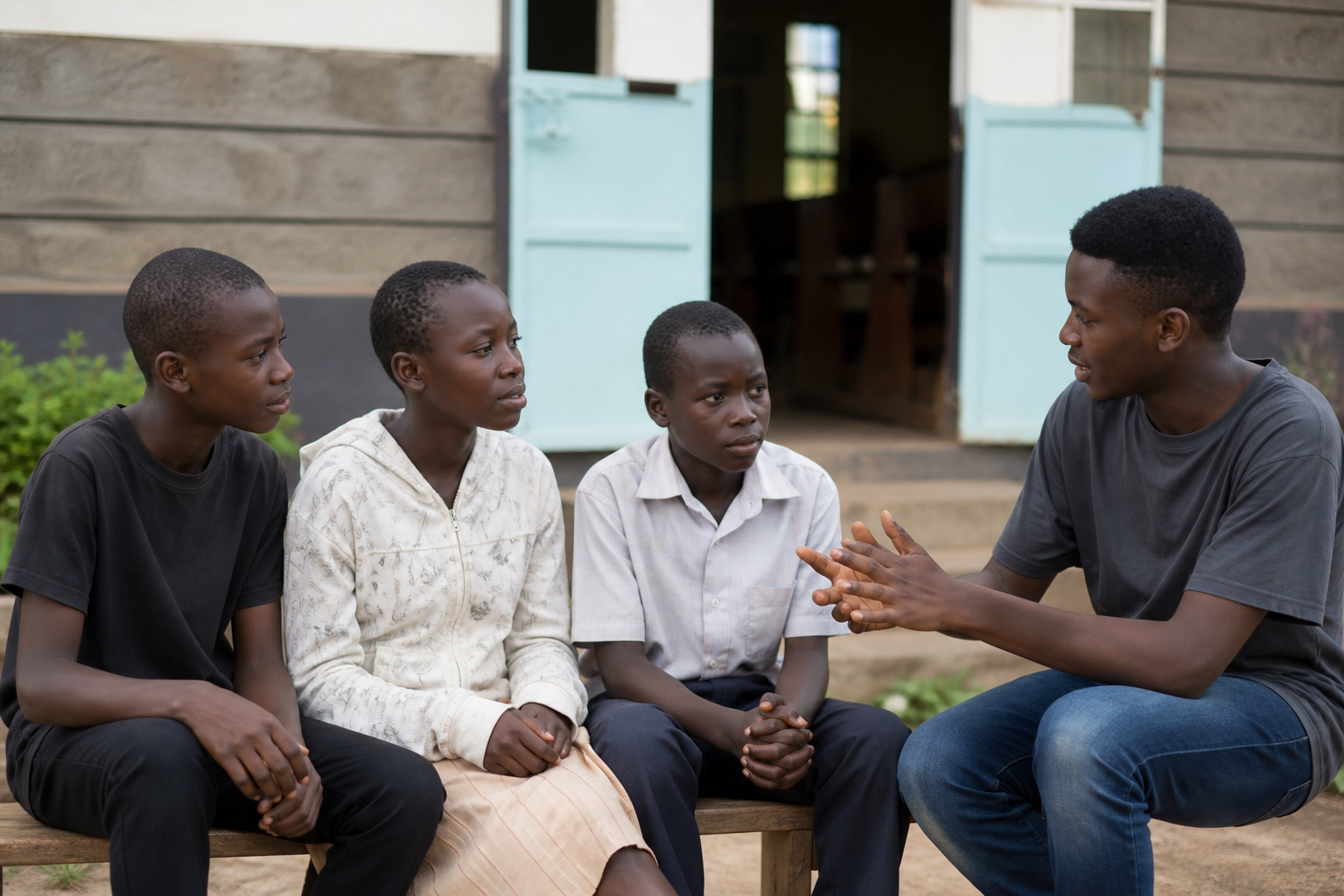 A peer mentor talking with younger teens outside a community hall