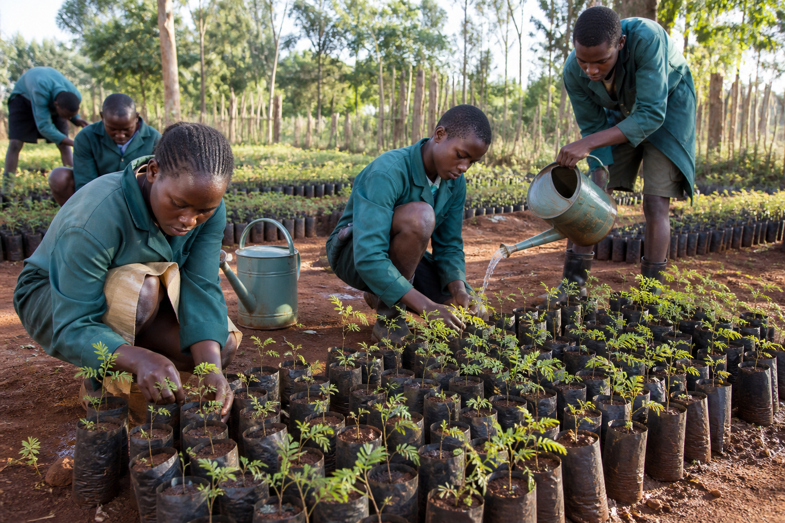 Youth tending rows of tree seedlings in a small nursery