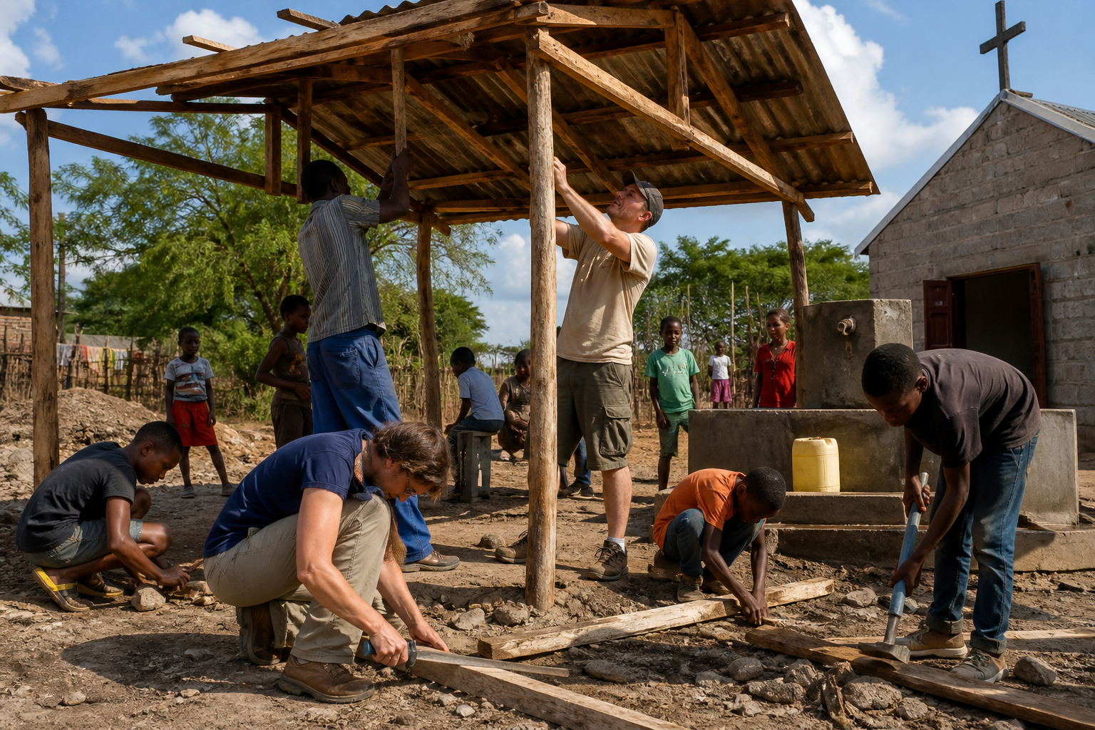 Volunteers and youth improving shade and facilities in a community yard