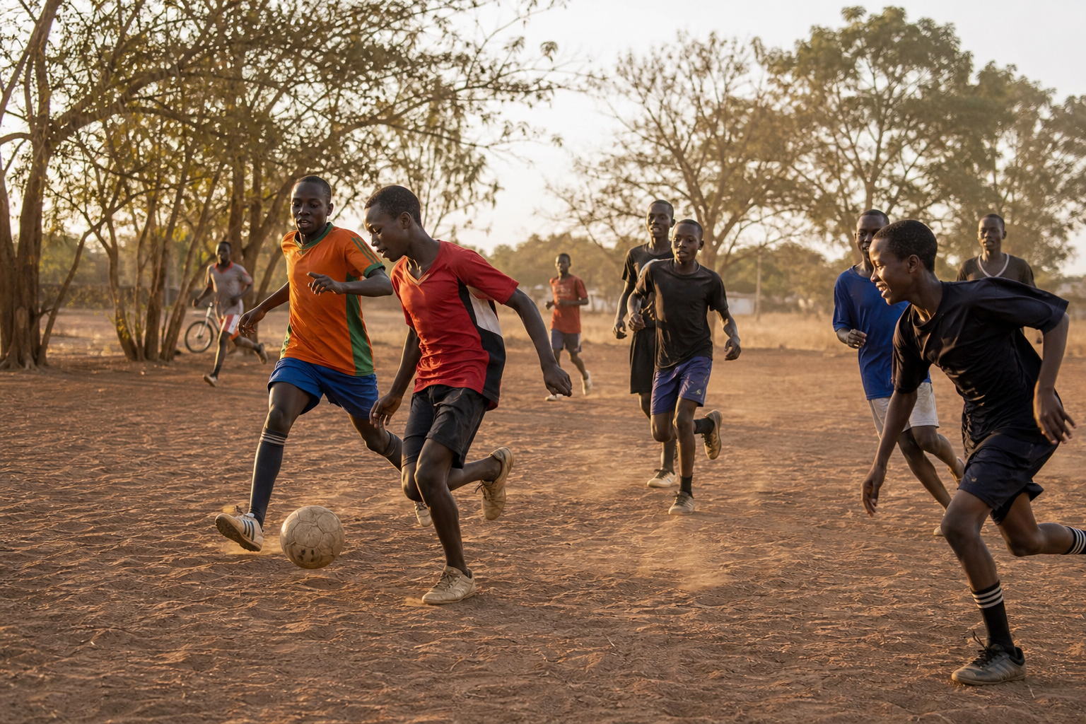 Kenyan teenagers playing football on a dusty pitch after school