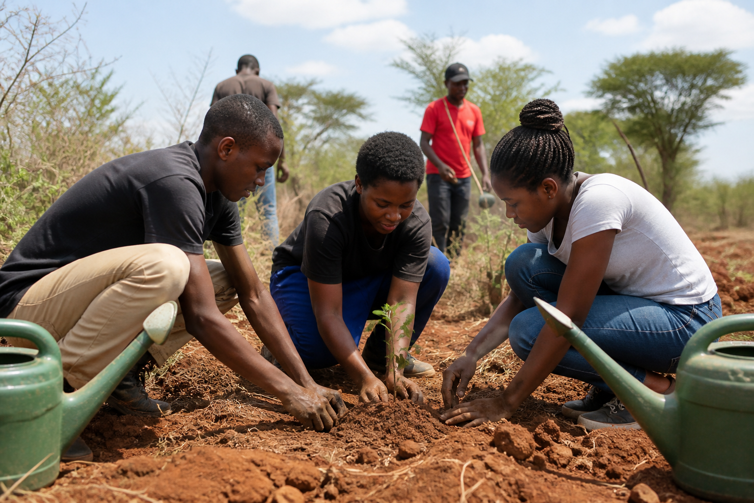 Young people planting tree seedlings in red Kenyan soil