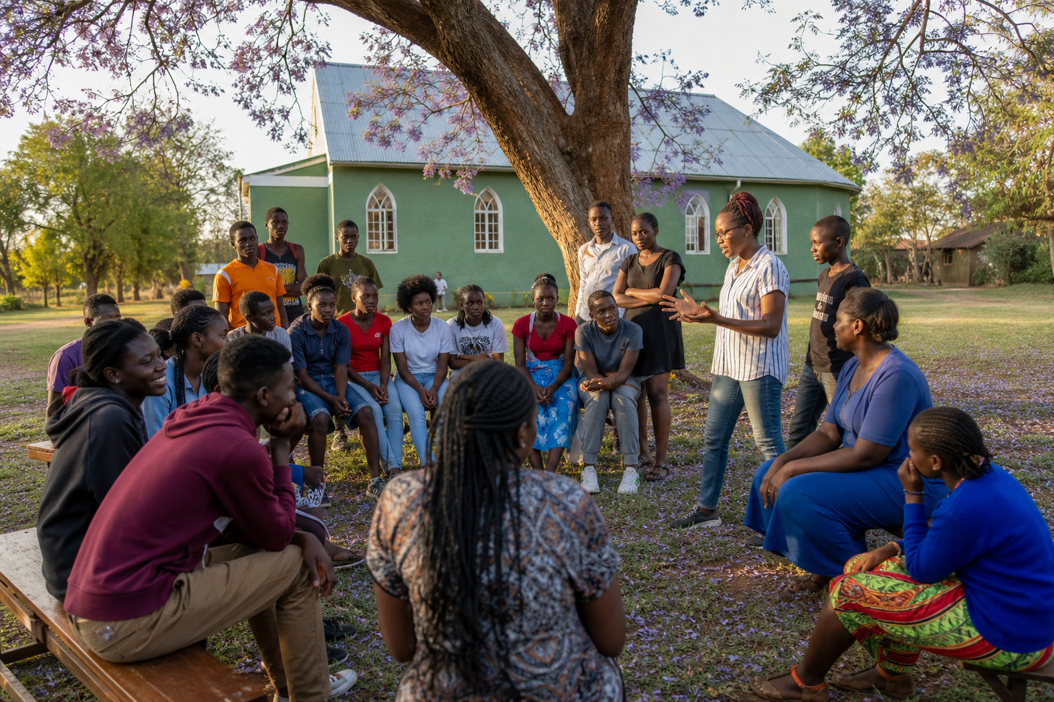 Youth and volunteers gathered in a Kenyan community yard for an activity day
